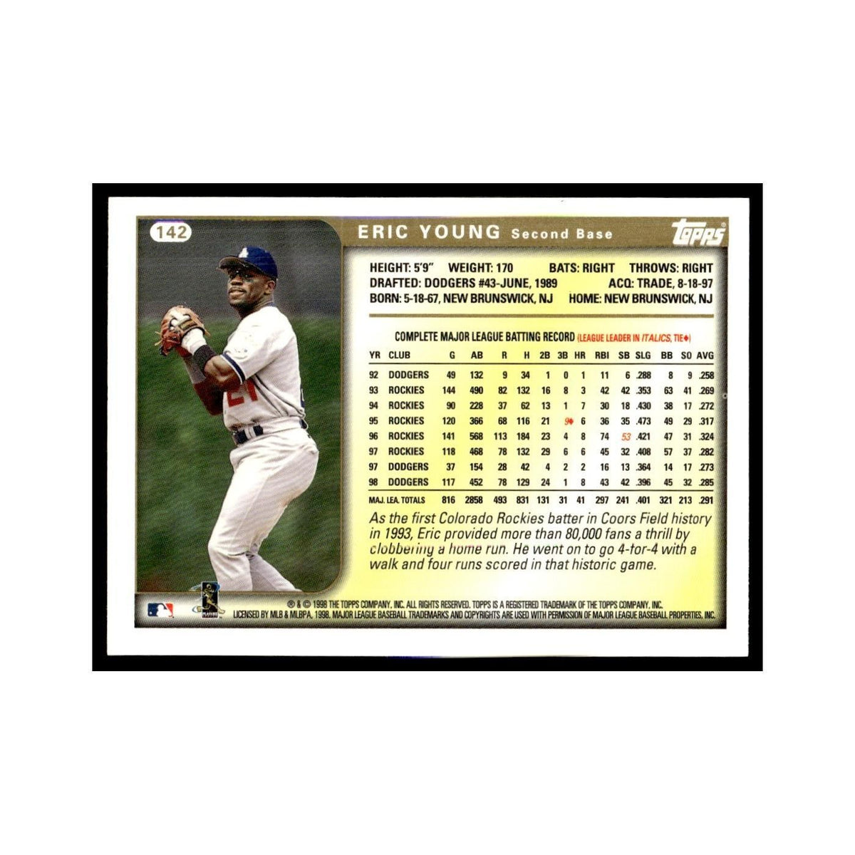 Eric Young 1999 Topps #142 Los Angeles Dodgers Baseball Card NM