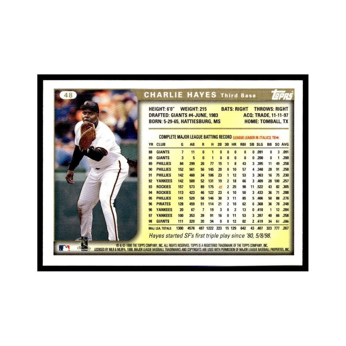 Charlie Hayes 1999 Topps #48 San Francisco Giants Baseball Card NM
