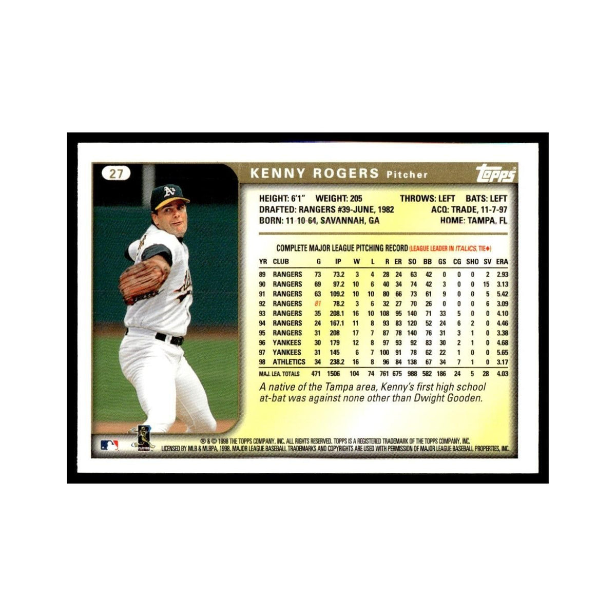 Kenny Rogers 1999 Topps #27 Oakland Athletics Baseball Card NM