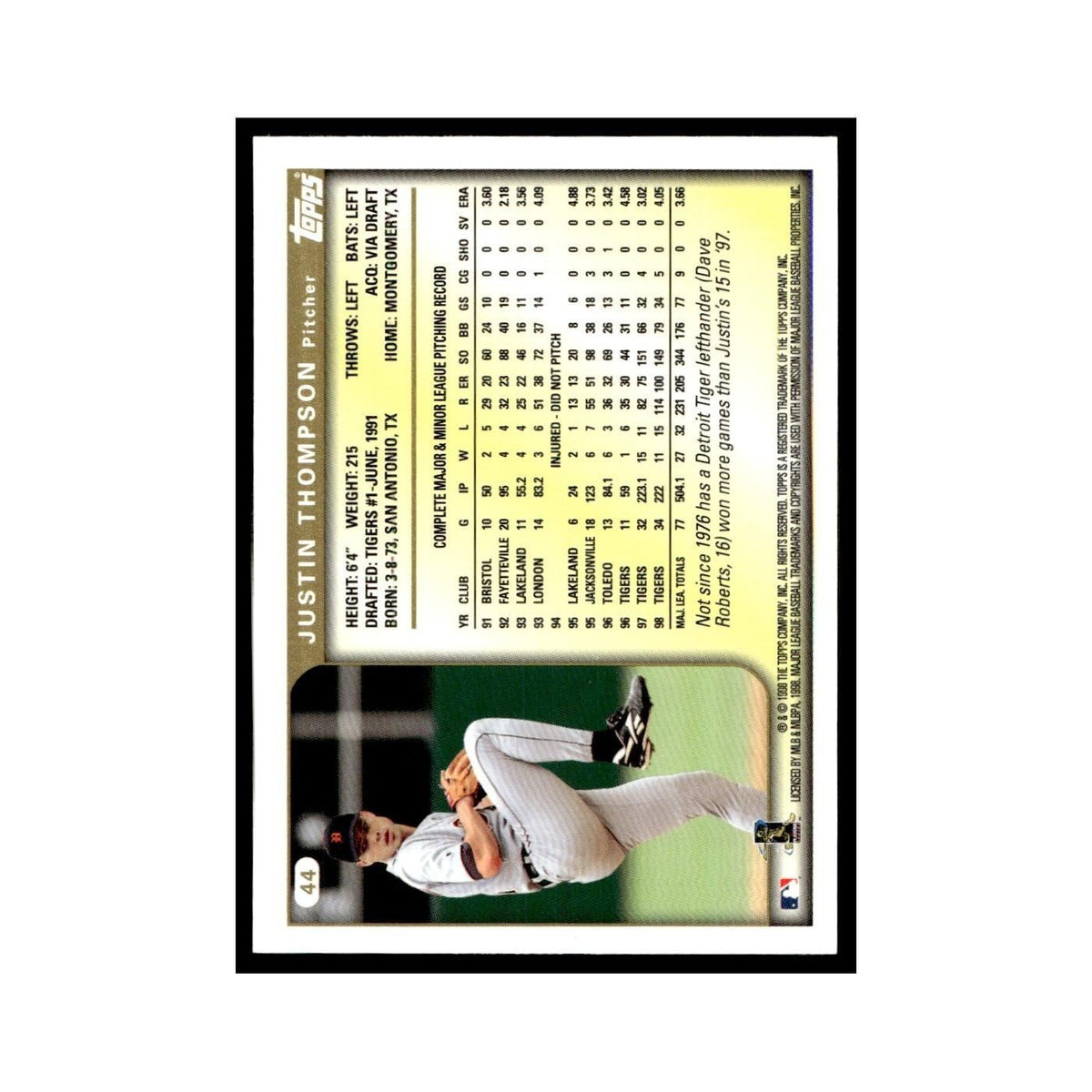 Justin Thompson 1999 Topps #44 Detroit Tigers Baseball Card NM