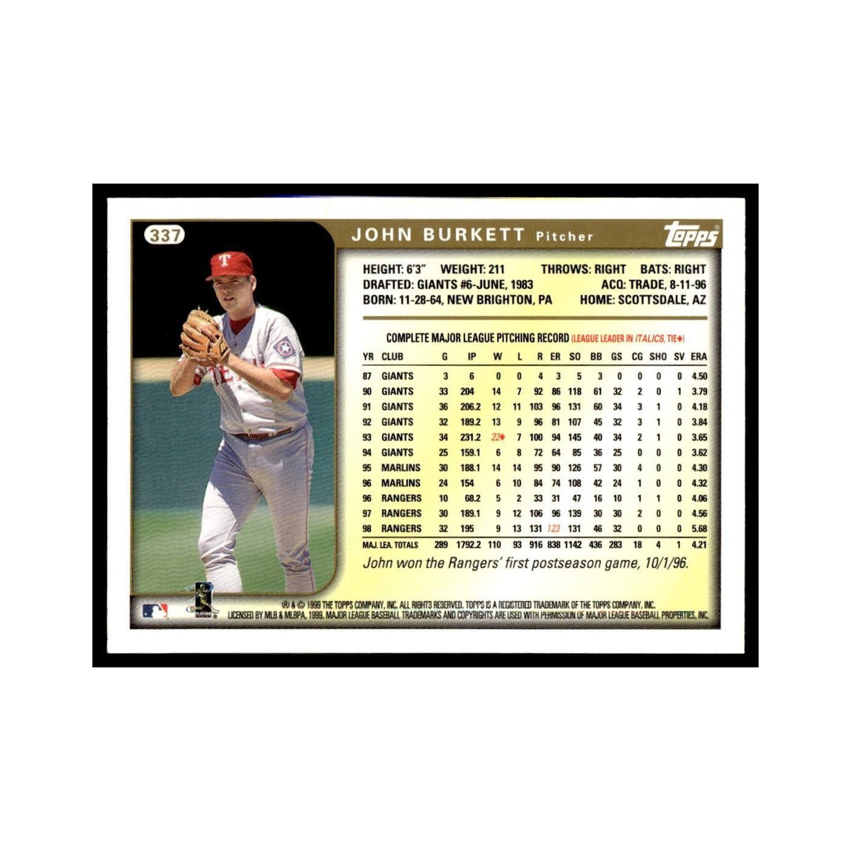 John Burkett 1999 Topps #337 Texas Rangers Baseball Card NM