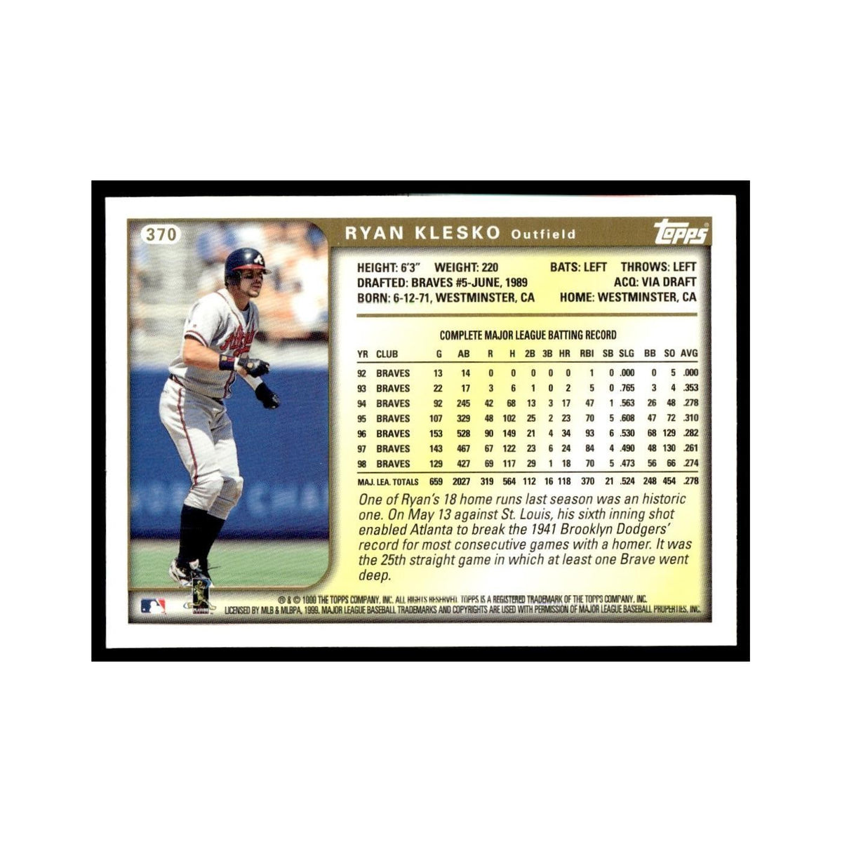 Ryan Klesko 1999 Topps #370 Atlanta Braves Baseball Card NM