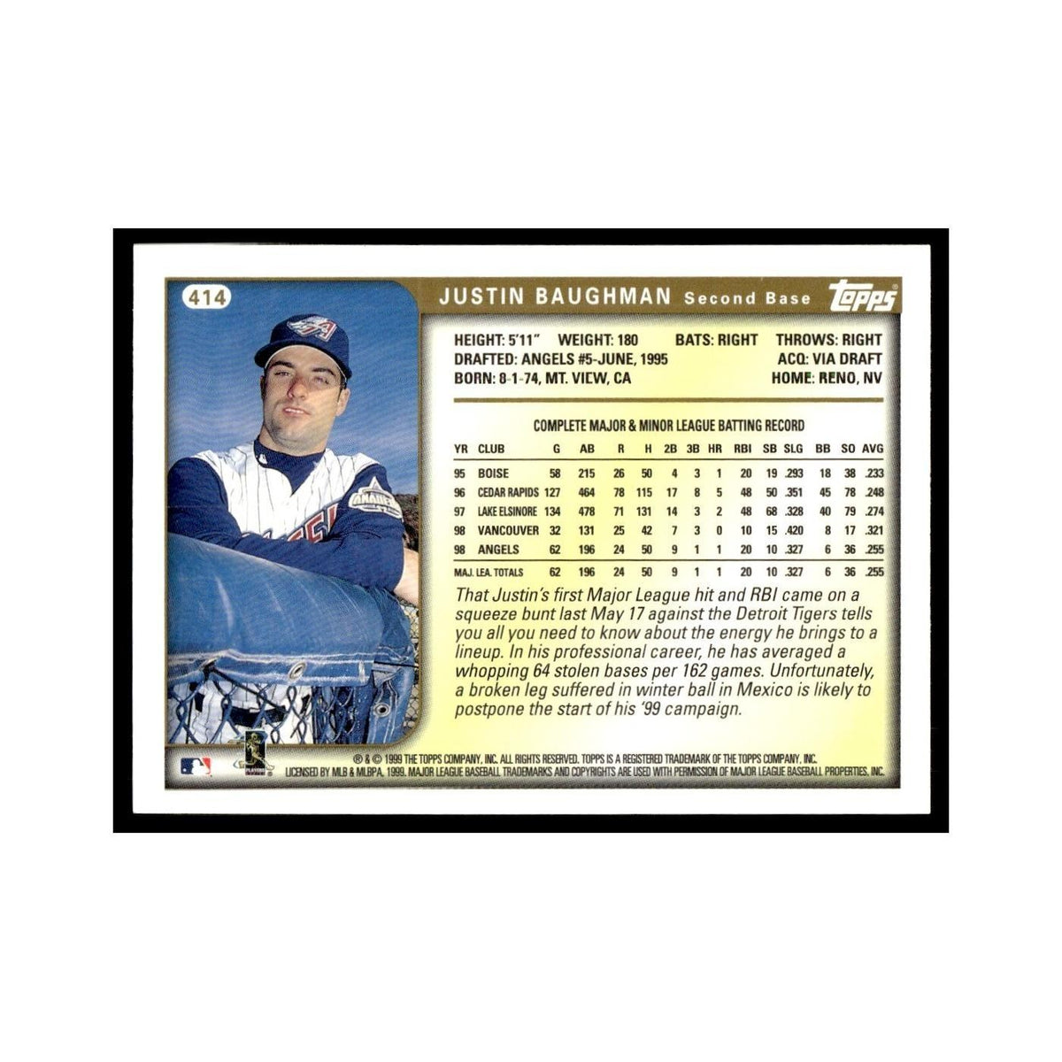 Justin Baughman 1999 Topps #414 Anaheim Angels Baseball Card NM