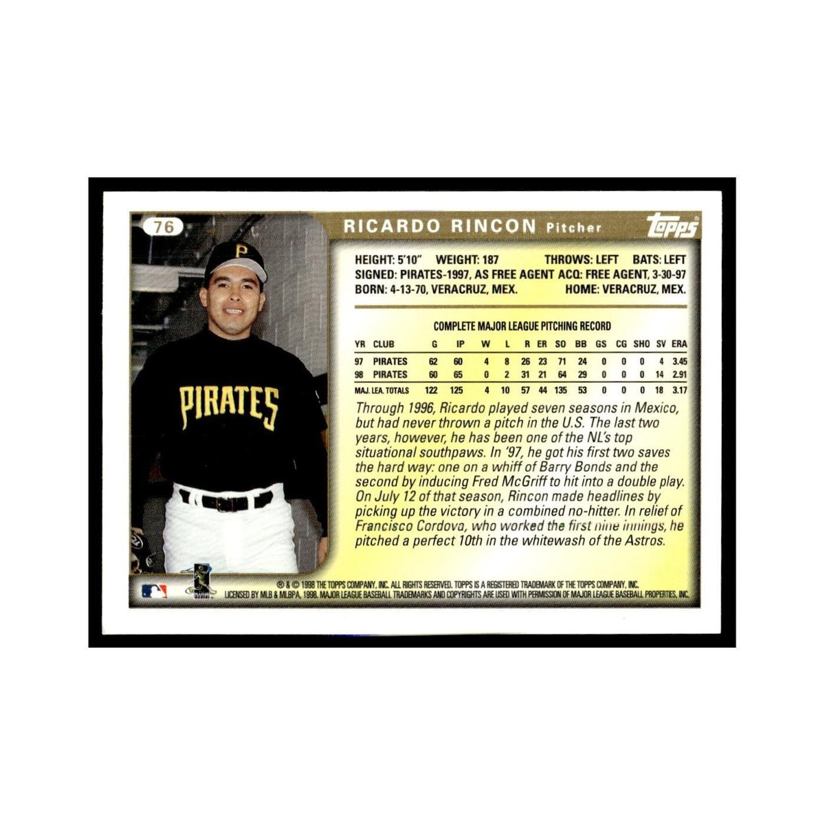 Ricardo Rincon 1999 Topps #76 Pittsburgh Pirates Baseball Card NM