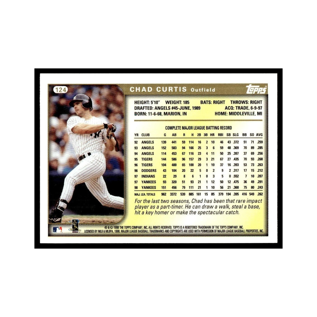 Chad Curtis 1999 Topps #124 New York Yankees Baseball Card NM