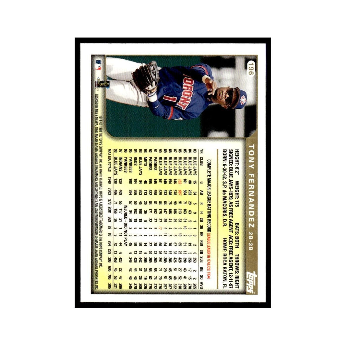 Tony Fernandez 1999 Topps #196 Toronto Blue Jays Baseball Card NM