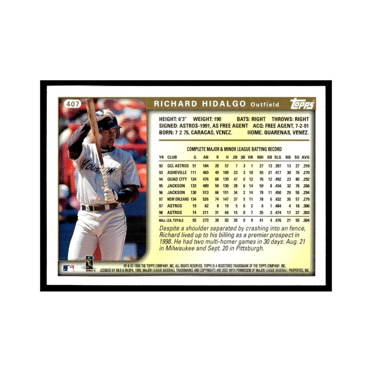 Richard Hidalgo 1999 Topps #407 Houston Astros Baseball Card NM