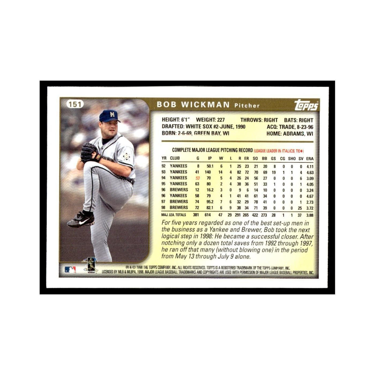Bob Wickman 1999 Topps #151 Milwaukee Brewers Baseball Card NM