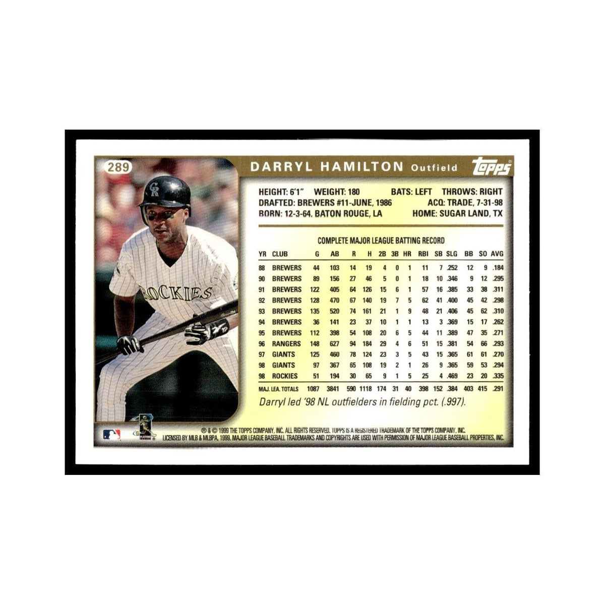 Darryl Hamilton 1999 Topps #289 Colorado Rockies Baseball Card NM