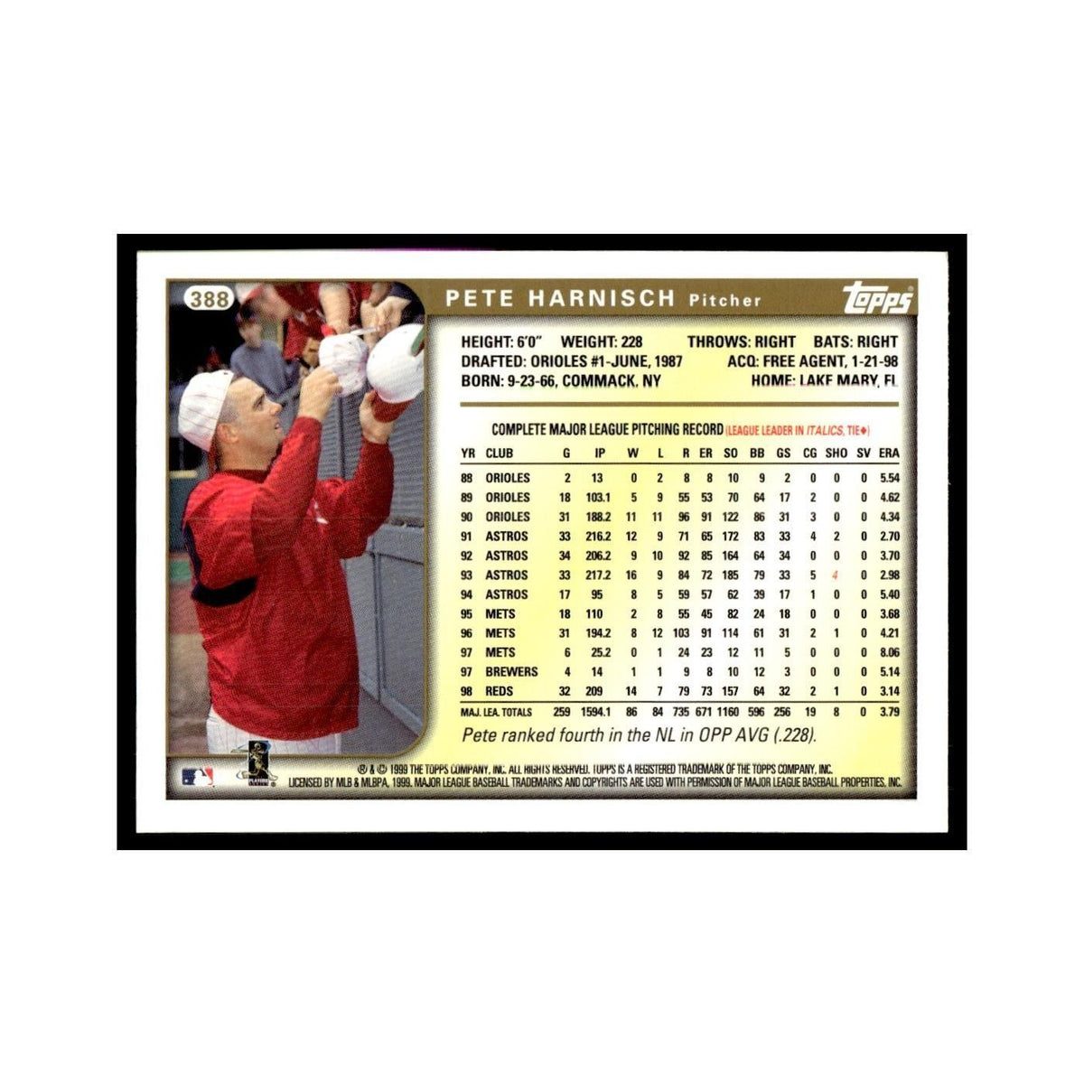 Pete Harnisch 1999 Topps #388 Cincinnati Reds Baseball Card NM