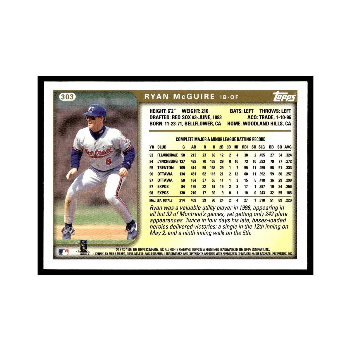 Ryan McGuire 1999 Topps #303 Montreal Expos Baseball Card NM