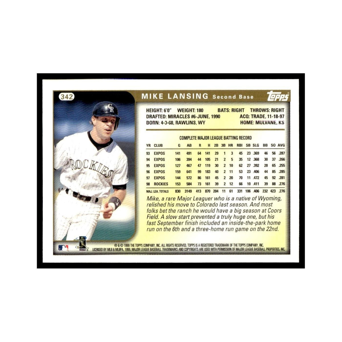 Mike Lansing 1999 Topps #342 Colorado Rockies Baseball Card NM