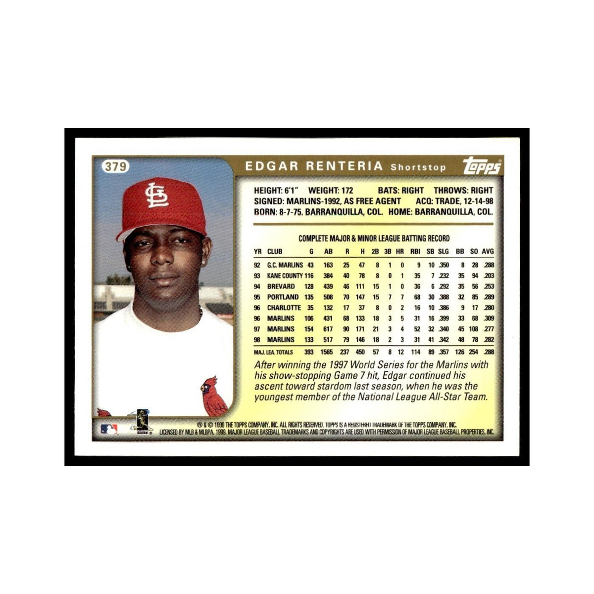 Edgar Renteria 1999 Topps #379 St. Louis Cardinals Baseball Card NM