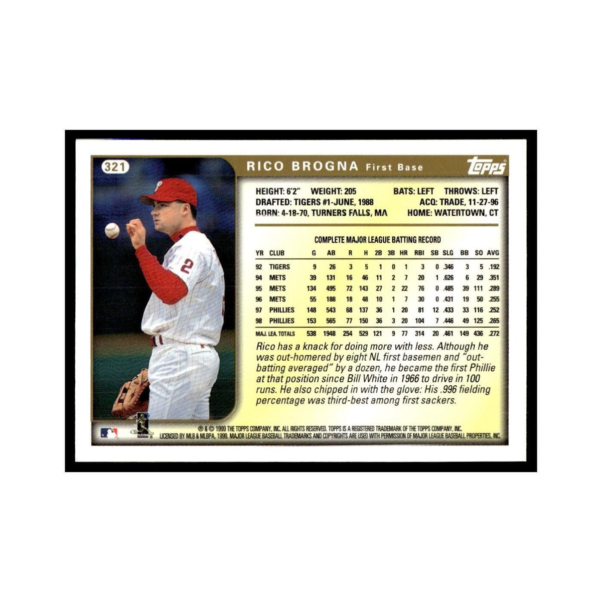 Rico Brogna 1999 Topps #321 Philadelphia Phillies Baseball Card NM