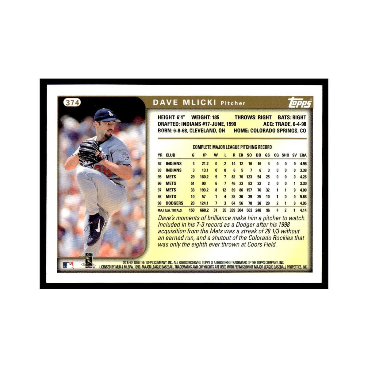 Dave Mlicki 1999 Topps #374 Los Angeles Dodgers Baseball Card NM