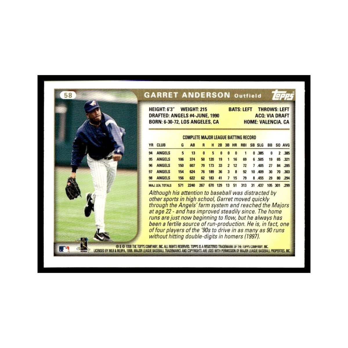Garret Anderson 1999 Topps #58 Anaheim Angels Baseball Card NM