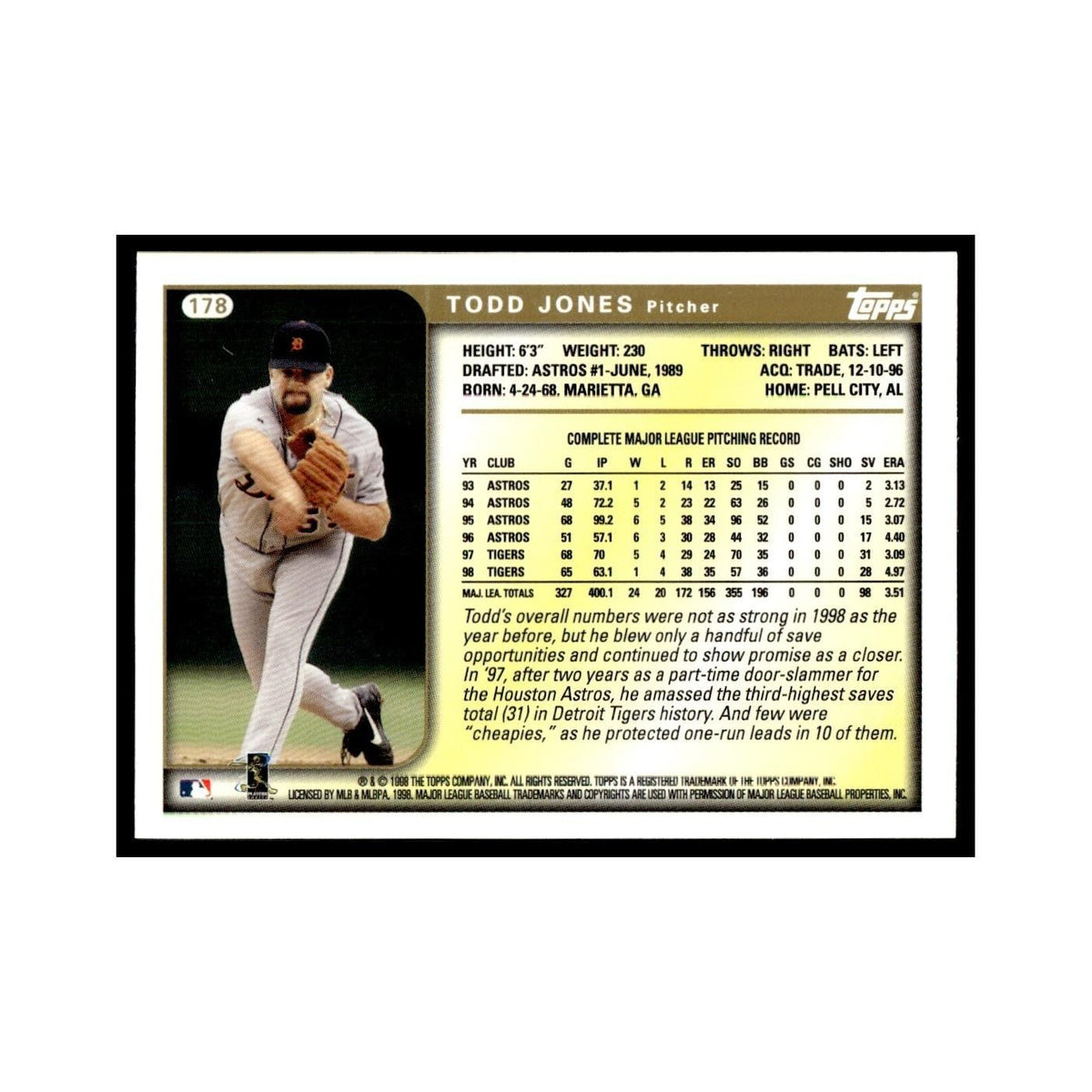 Todd Jones 1999 Topps #178 Detroit Tigers Baseball Card NM