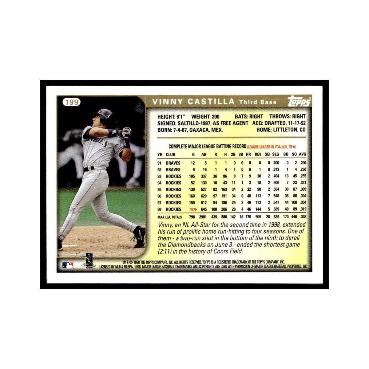 Vinny Castilla 1999 Topps #199 Colorado Rockies Baseball Card NM