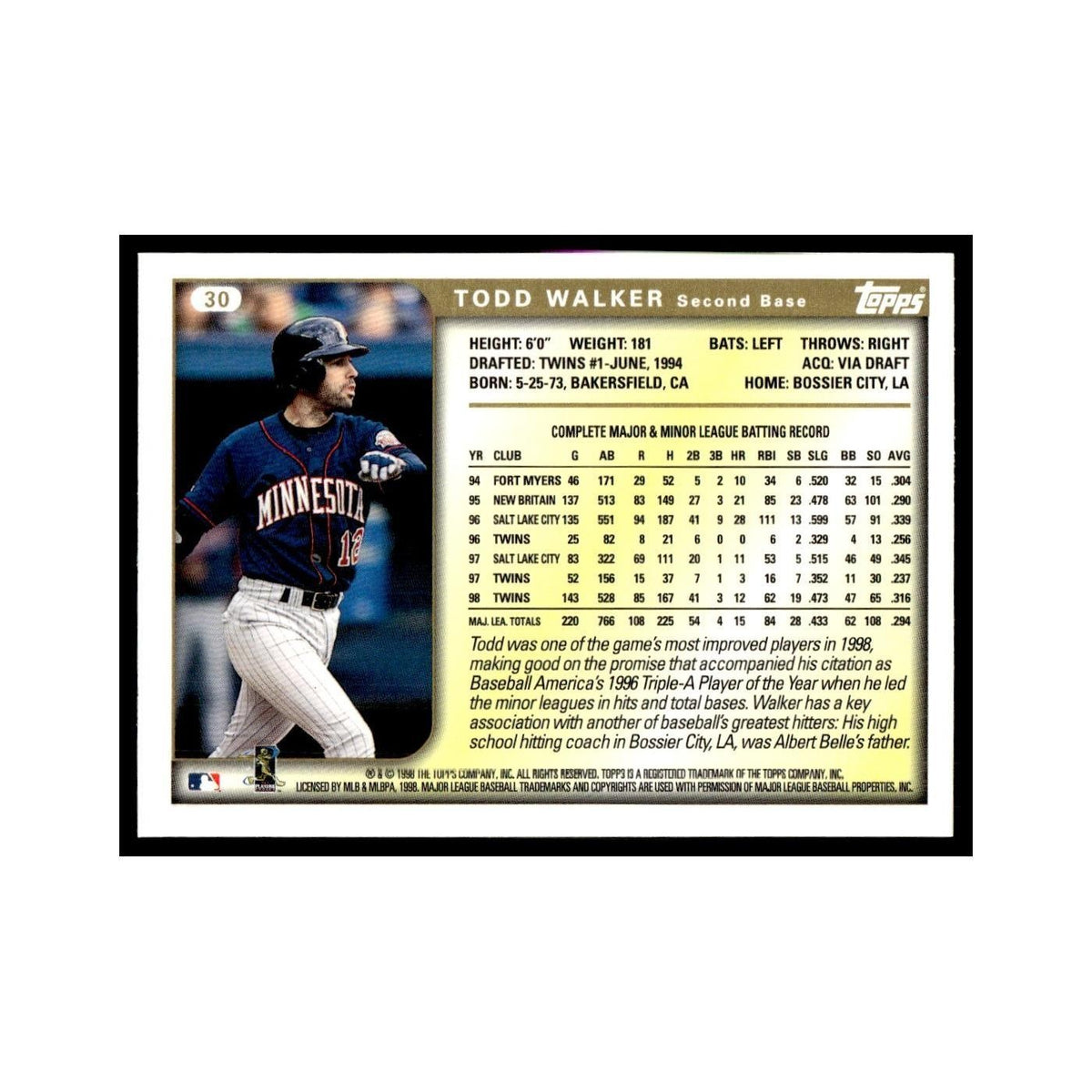 Todd Walker 1999 Topps #30 Minnesota Twins Baseball Card NM
