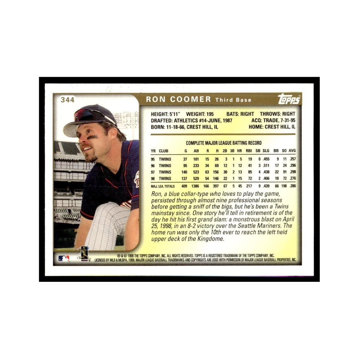 Ron Coomer 1999 Topps #344 Minnesota Twins Baseball Card NM