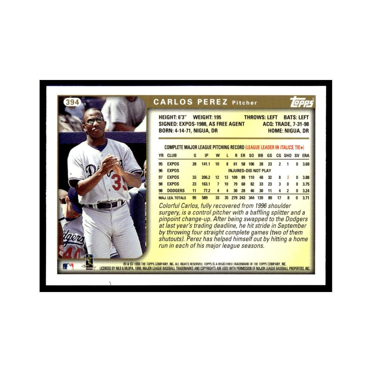 Carlos Perez 1999 Topps #394 Los Angeles Dodgers Baseball Card NM