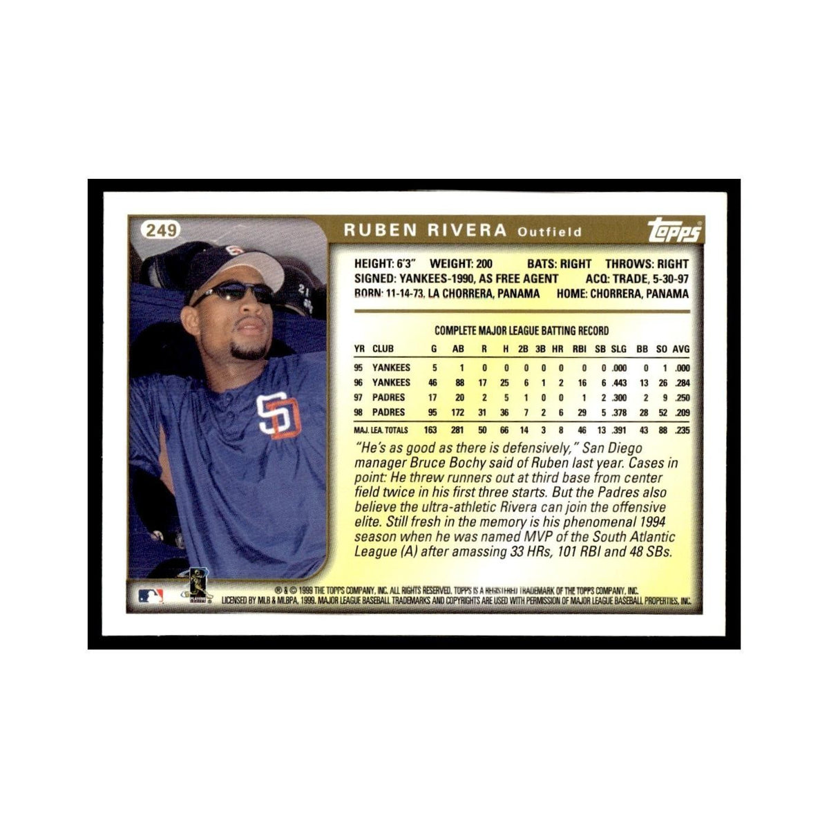 Ruben Rivera 1999 Topps #249 San Diego Padres Baseball Card NM