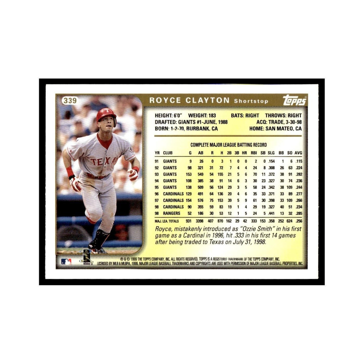 Royce Clayton 1999 Topps #339 Texas Rangers Baseball Card NM