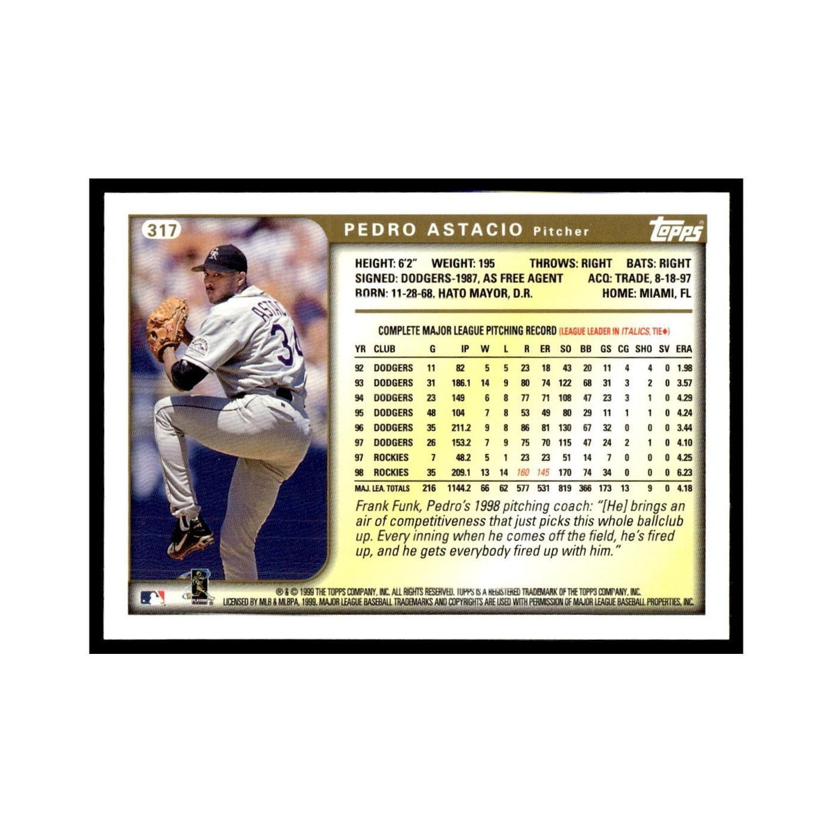 Pedro Astacio 1999 Topps #317 Colorado Rockies Baseball Card NM
