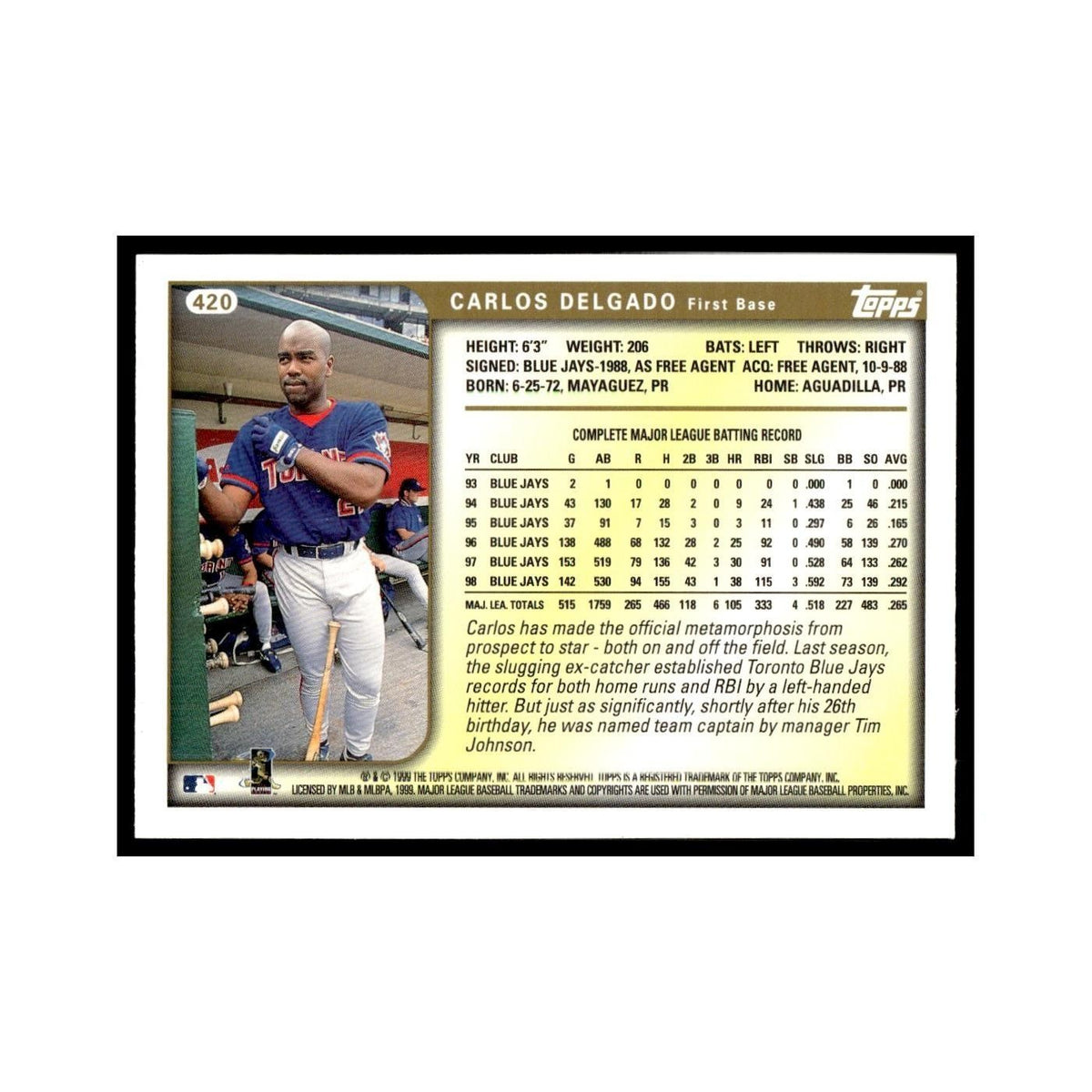 Carlos Delgado 1999 Topps #420 Toronto Blue Jays Baseball Card NM
