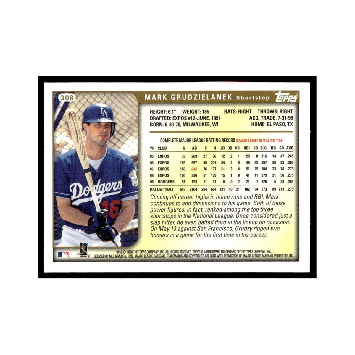 Mark Grudzielanek 1999 Topps #308 Los Angeles Dodgers Baseball Card NM