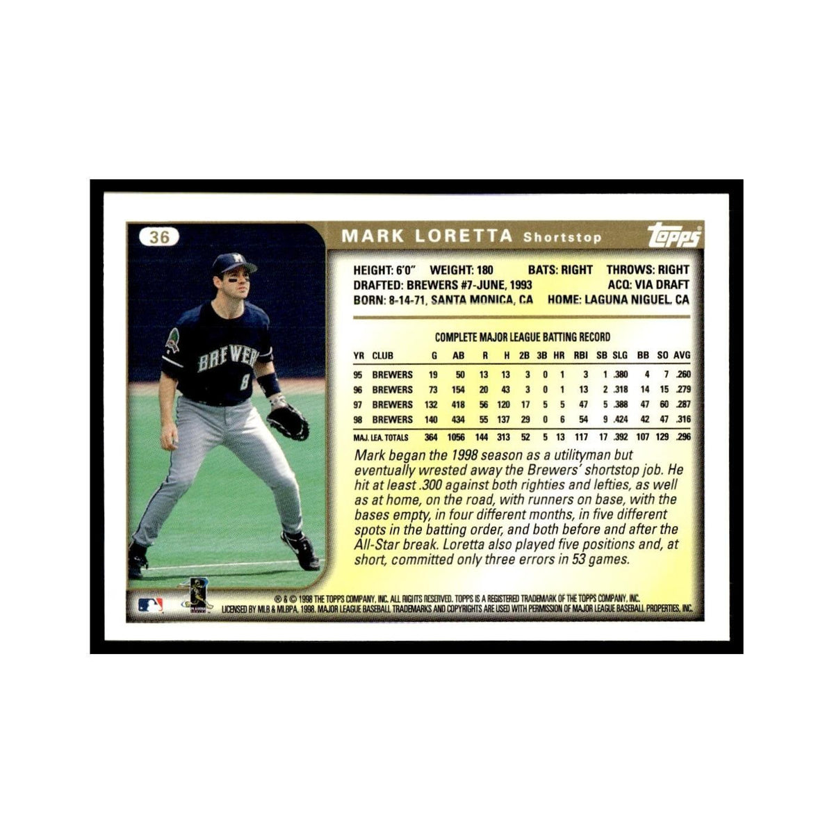 Mark Loretta 1999 Topps #36 Milwaukee Brewers Baseball Card NM