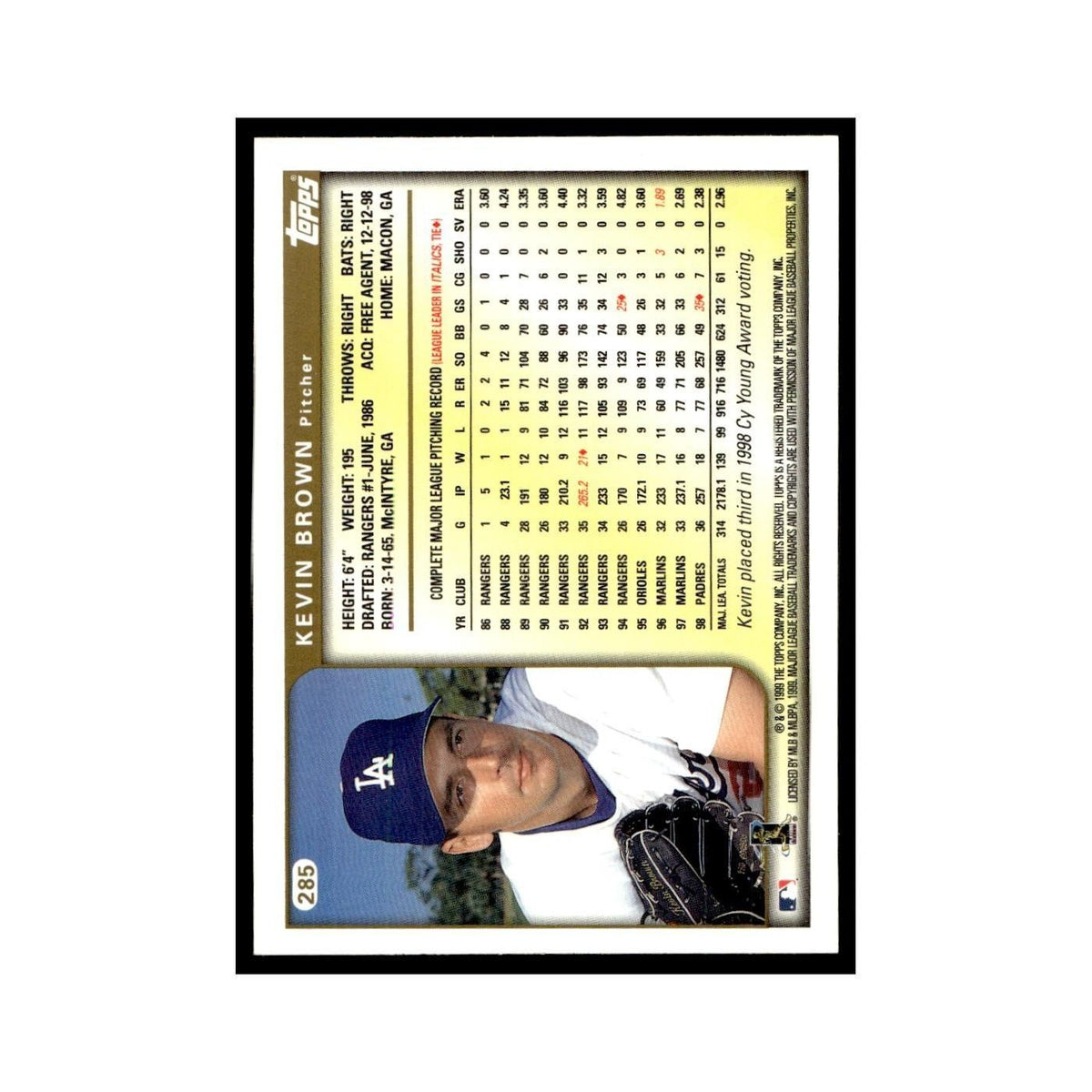 Kevin Brown 1999 Topps #285 Los Angeles Dodgers Baseball Card NM