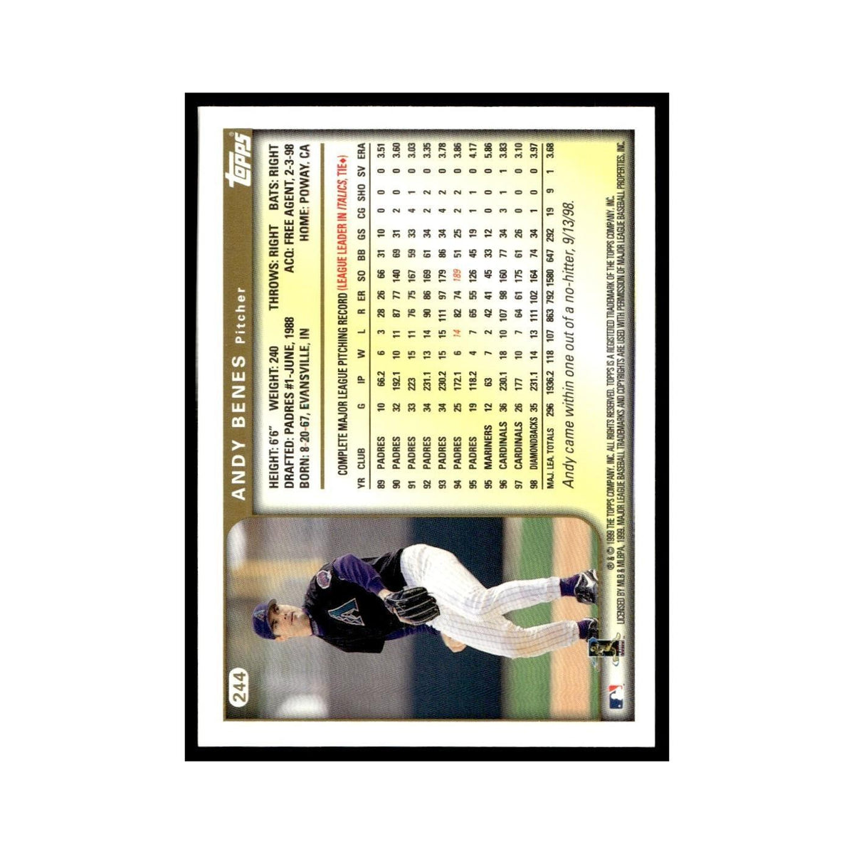 Andy Benes 1999 Topps #244 Arizona Diamondbacks Baseball Card NM