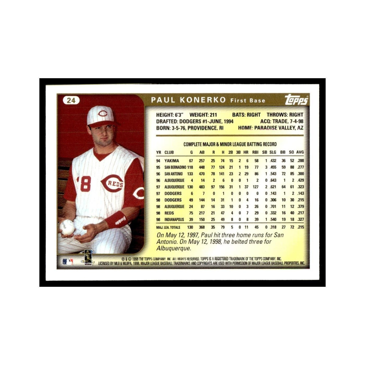 Paul Konerko 1999 Topps #24 Cincinnati Reds Baseball Card NM