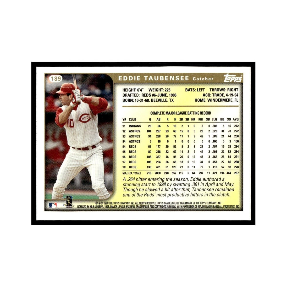 Eddie Taubensee 1999 Topps #189 Cincinnati Reds Baseball Card NM