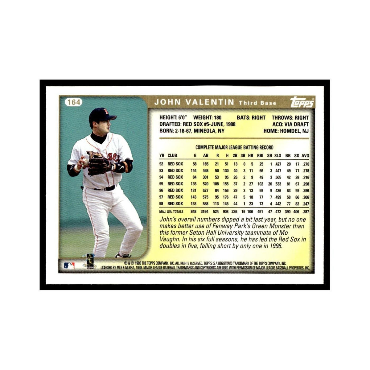 John Valentin 1999 Topps #164 Boston Red Sox Baseball Card NM