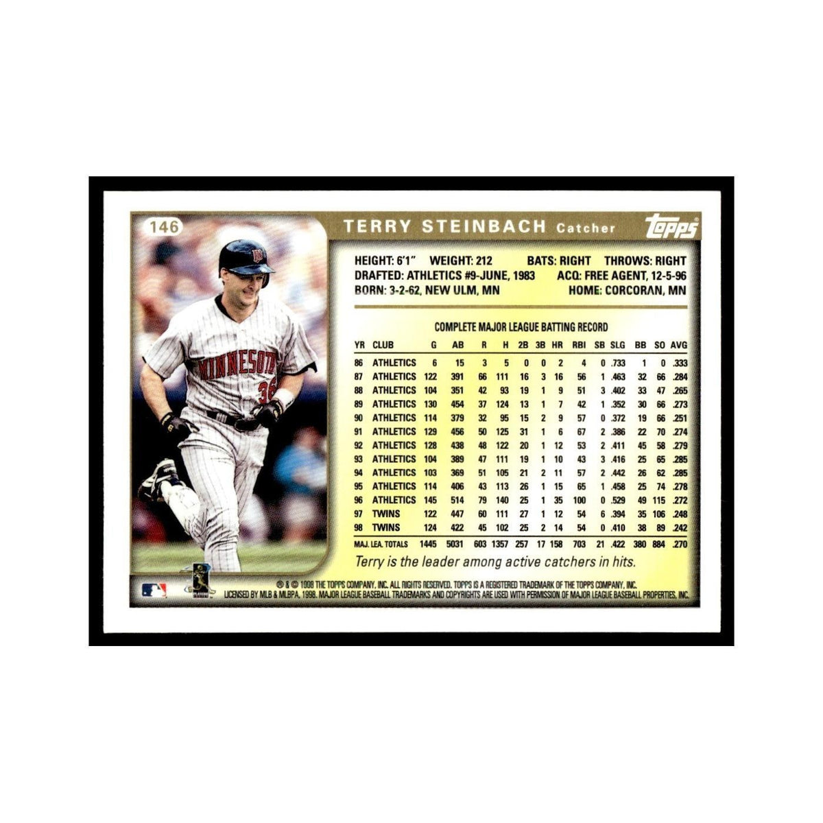 Terry Steinbach 1999 Topps #146 Minnesota Twins Baseball Card NM