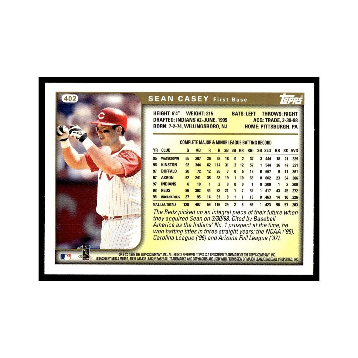 Sean Casey 1999 Topps #402 Cincinnati Reds Baseball Card NM