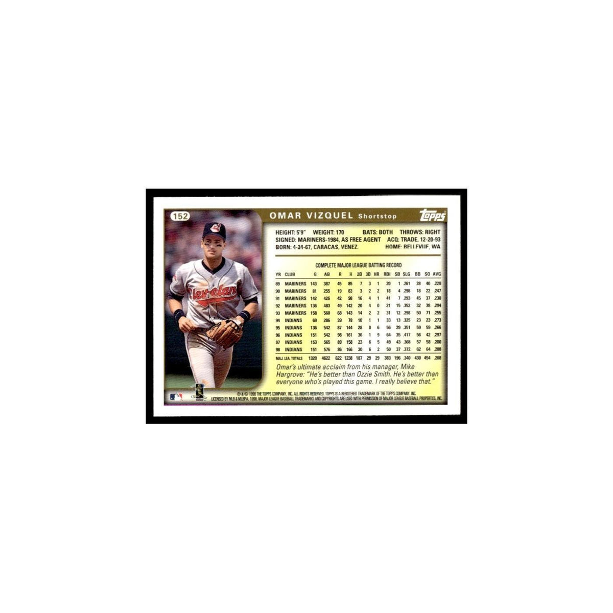 Omar Vizquel 1999 Topps #152 Cleveland Indians Baseball Card NM