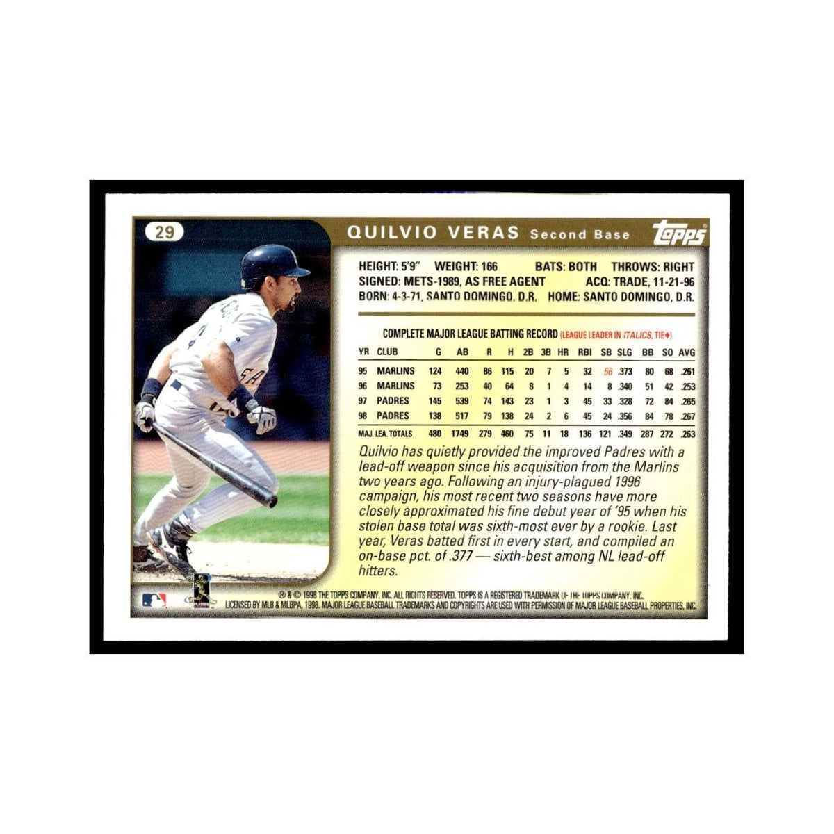 Quilvio Veras 1999 Topps #29 San Diego Padres Baseball Card NM
