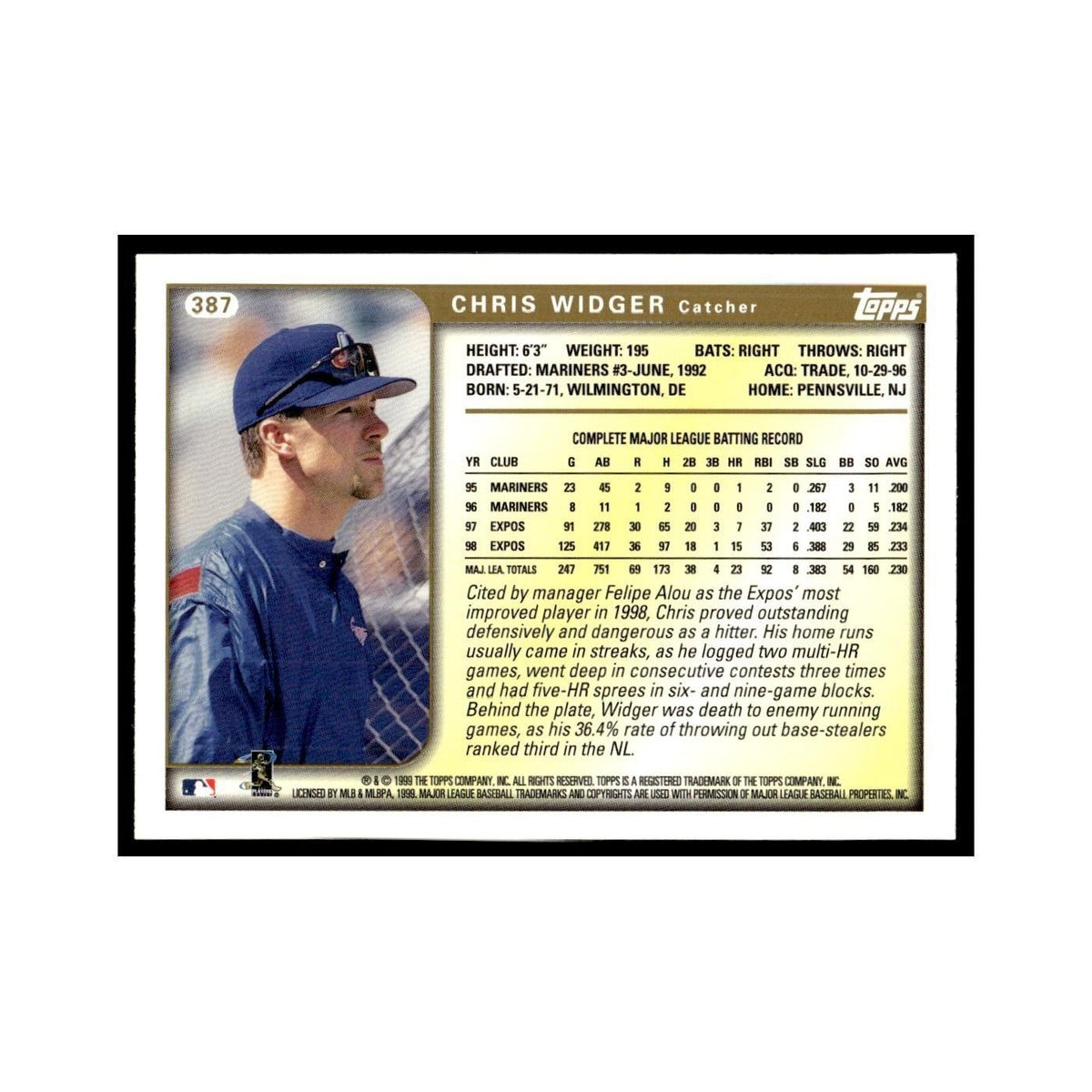 Chris Widger 1999 Topps #387 Montreal Expos Baseball Card NM