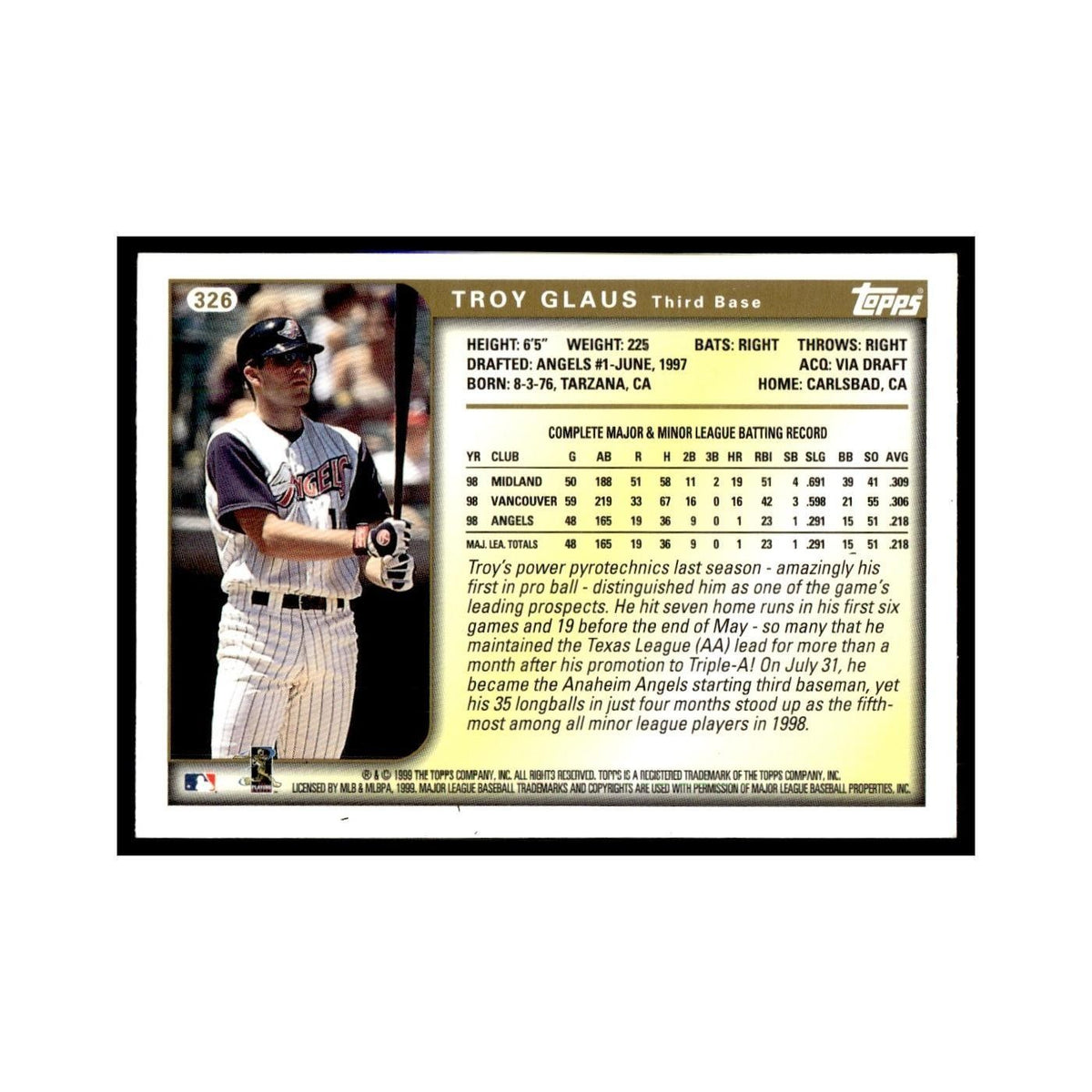 Troy Glaus 1999 Topps #326 Anaheim Angels Baseball Card NM