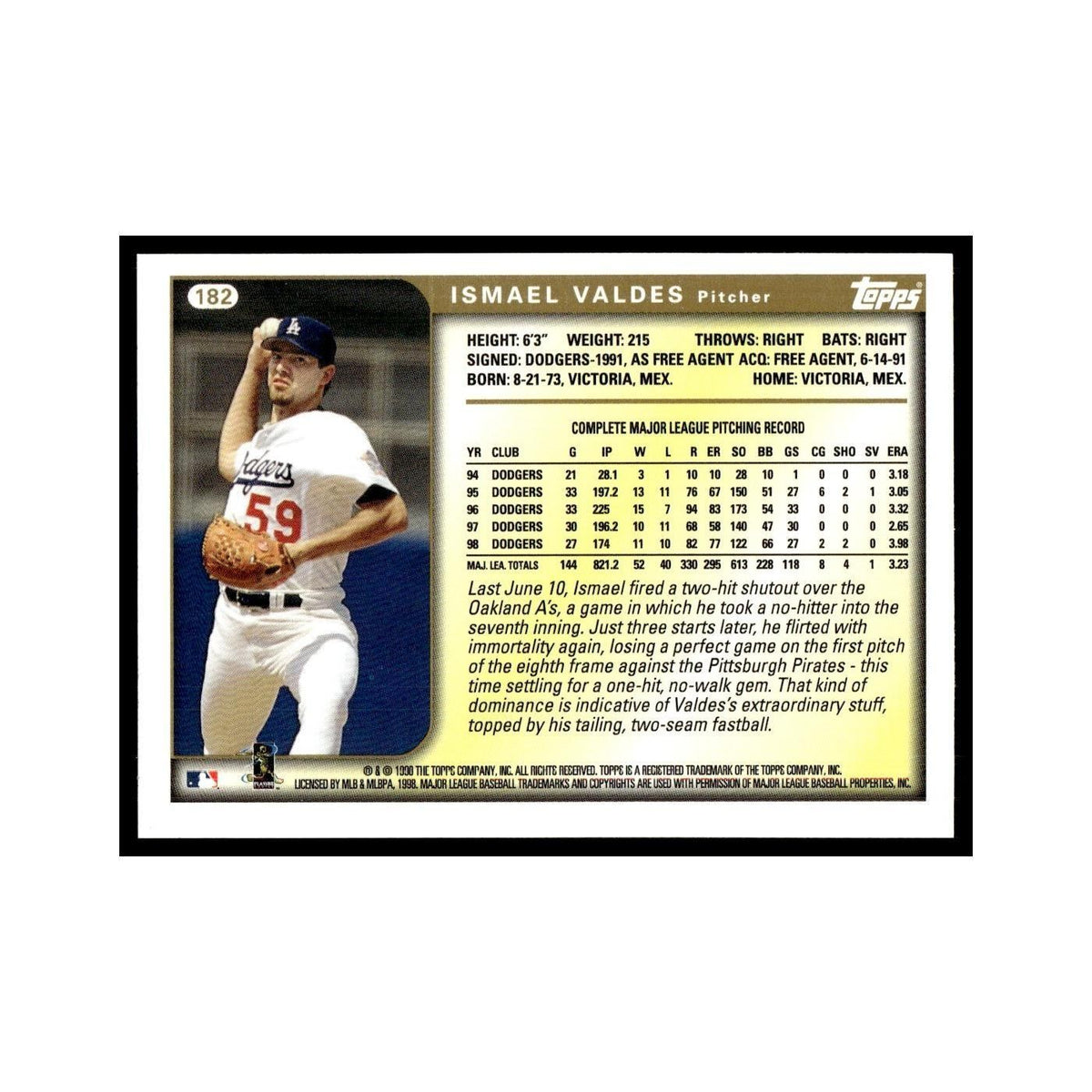 Ismael Valdes 1999 Topps #182 Los Angeles Dodgers Baseball Card NM
