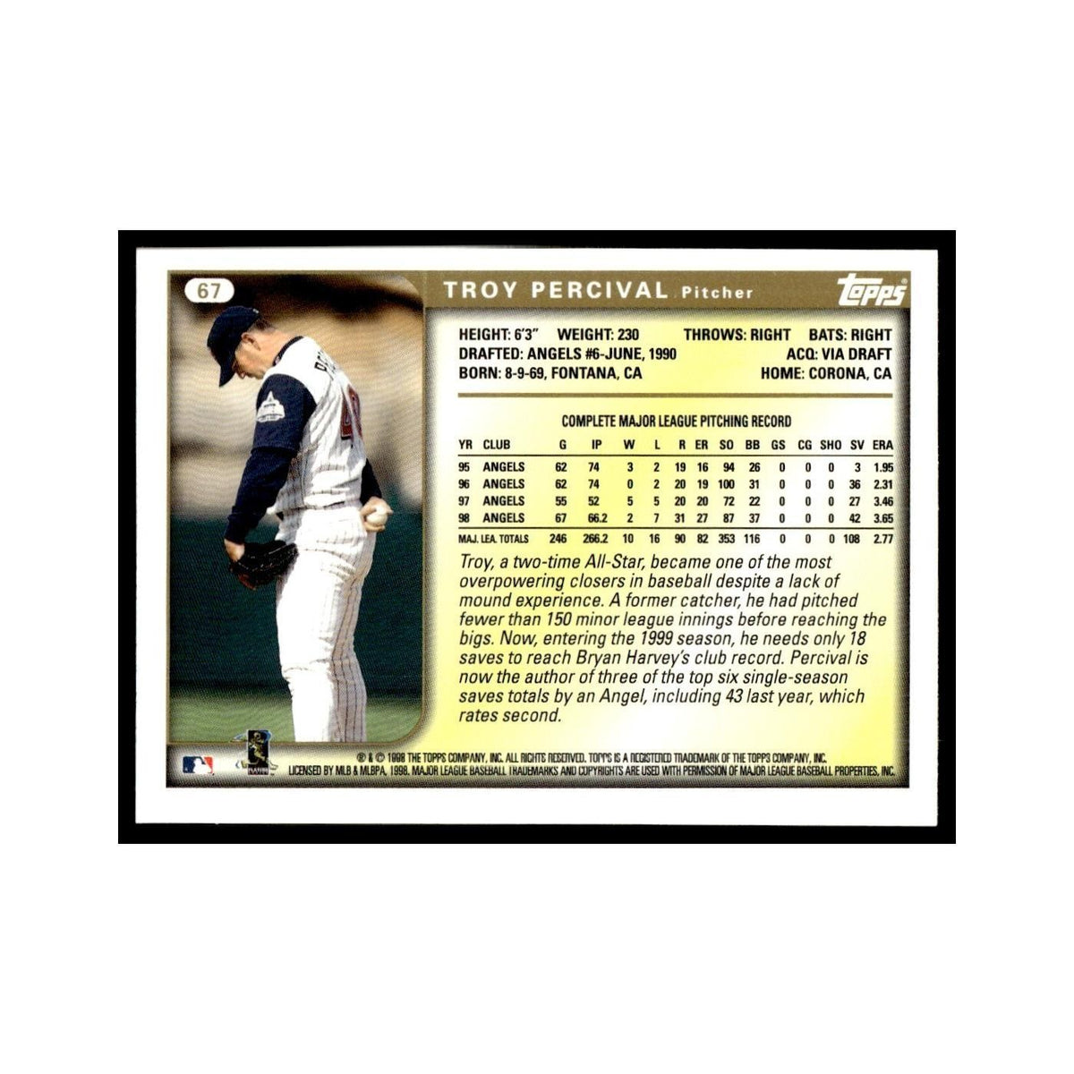 Troy Percival 1999 Topps #67 Anaheim Angels Baseball Card NM