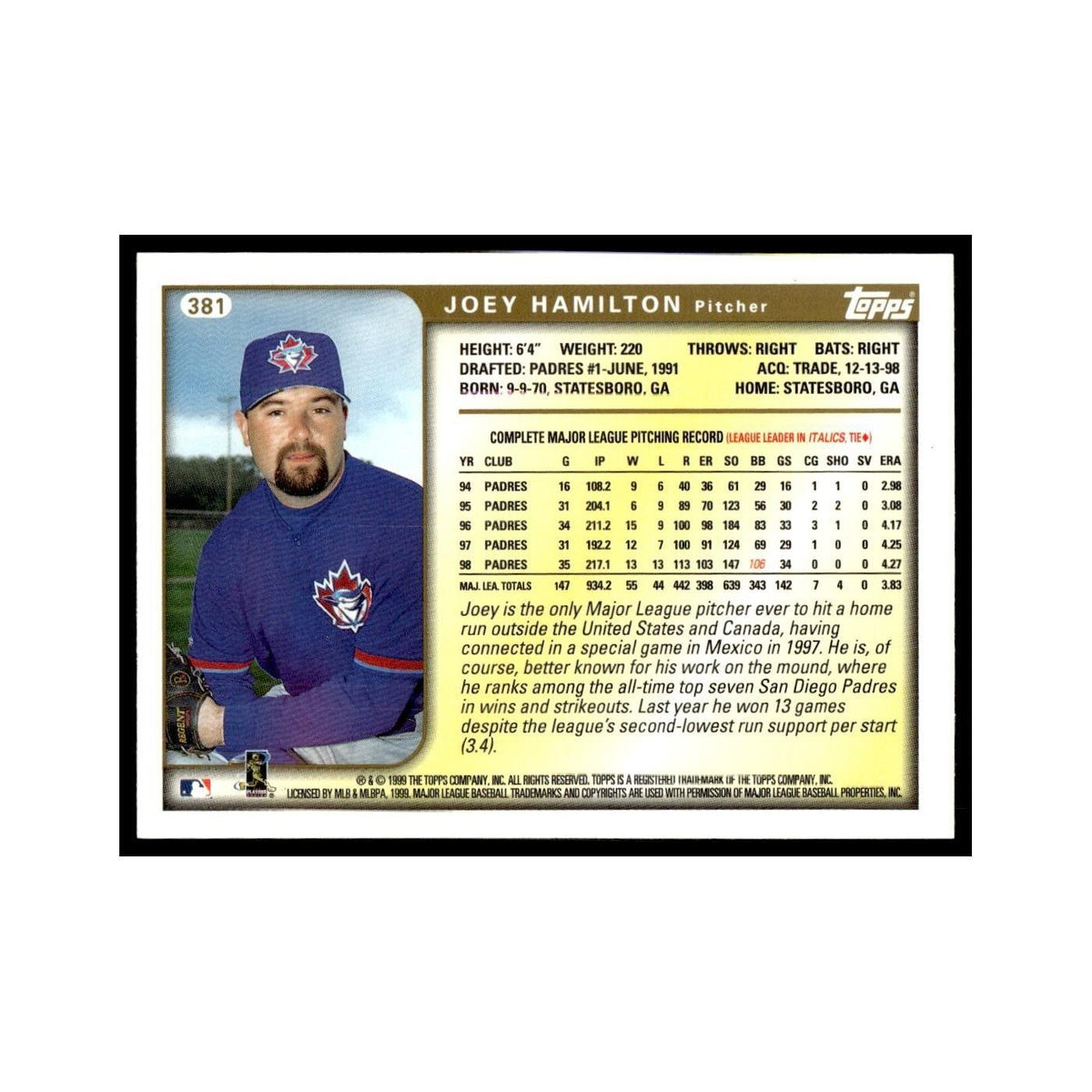 Joey Hamilton 1999 Topps #381 Toronto Blue Jays Baseball Card NM