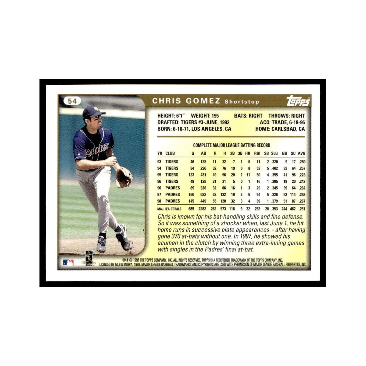 Chris Gomez 1999 Topps #54 San Diego Padres Baseball Card NM