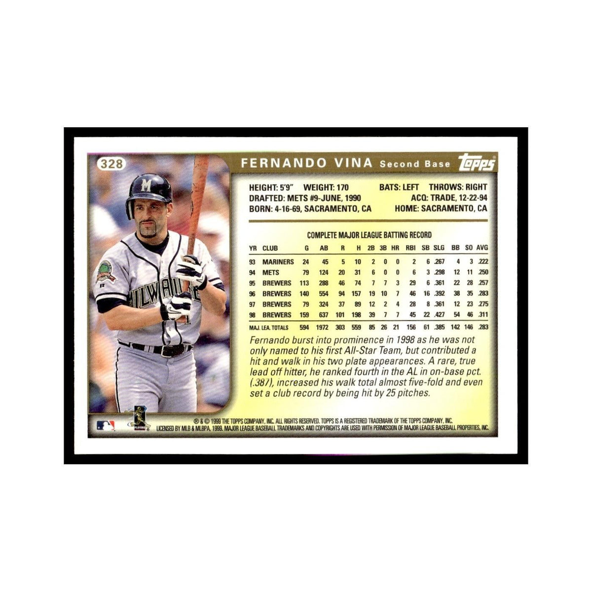 Fernando Vina 1999 Topps #328 Milwaukee Brewers Baseball Card NM