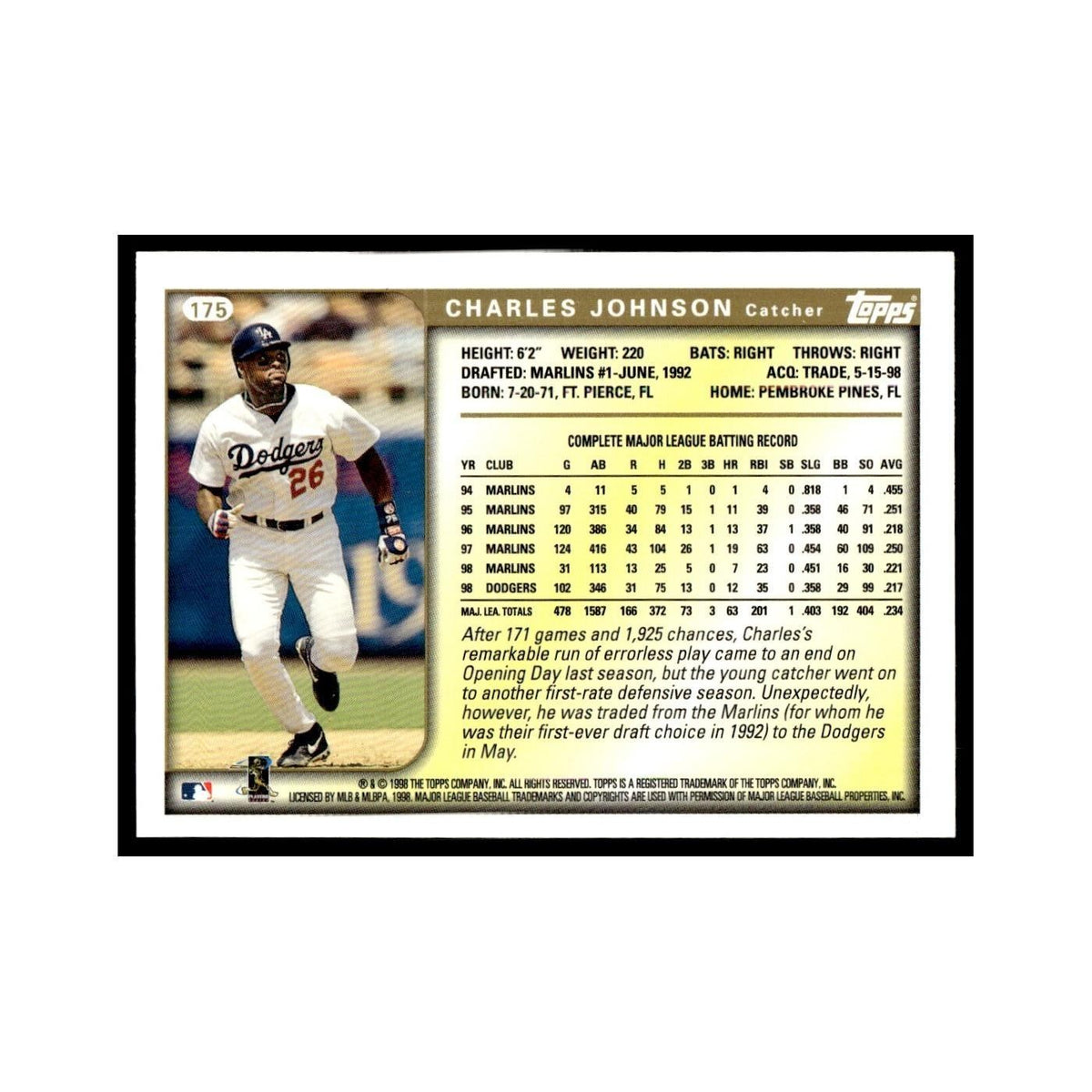 Charles Johnson 1999 Topps #175 Los Angeles Dodgers Baseball Card NM