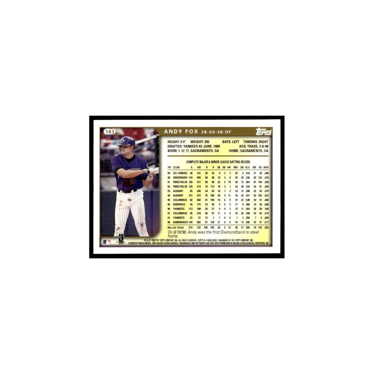 Andy Fox 1999 Topps #183 Arizona Diamondbacks Baseball Card NM