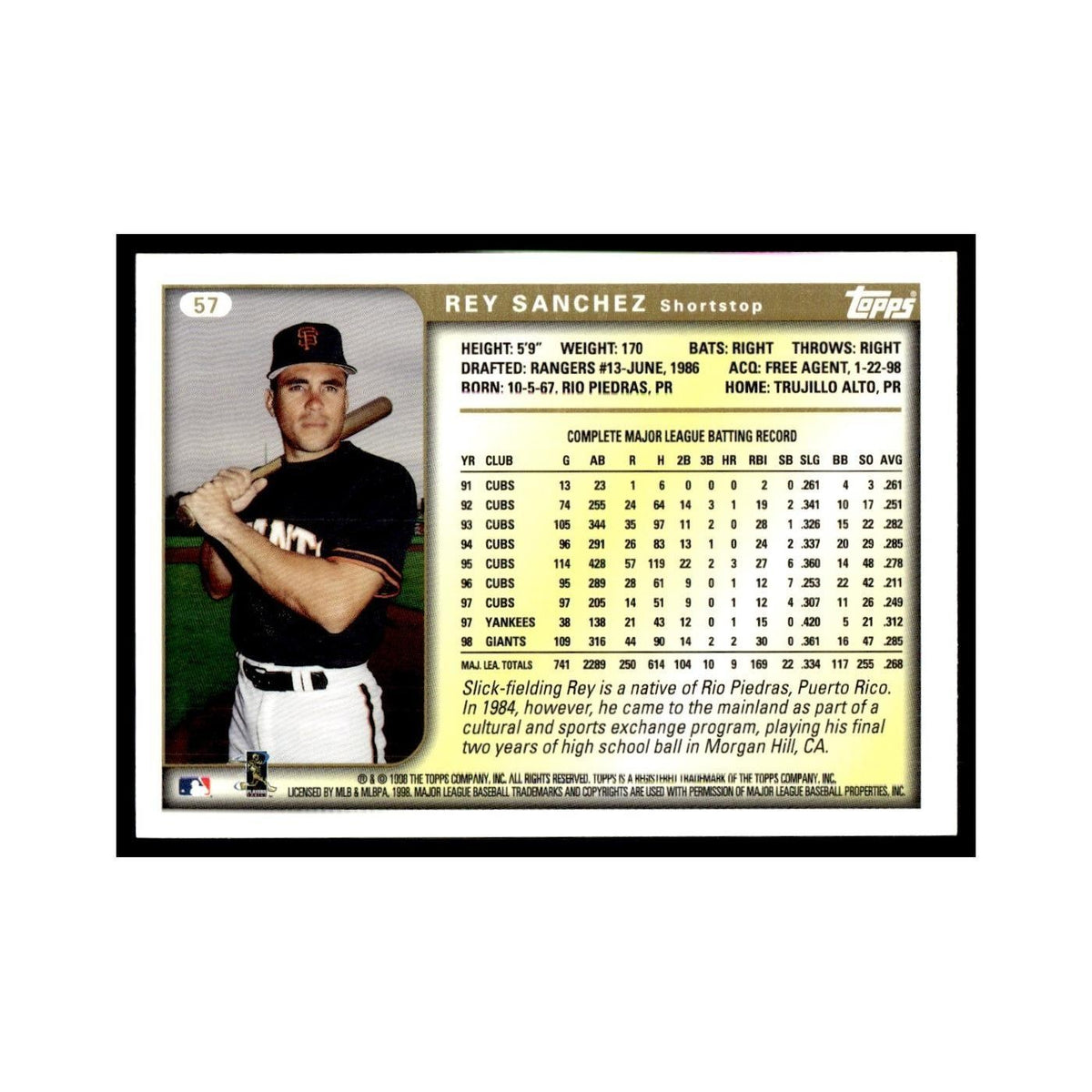 Rey Sanchez 1999 Topps #57 San Francisco Giants Baseball Card NM